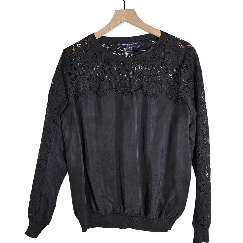 French Connection Lace & Silky Pullover‎ Blouse M Black